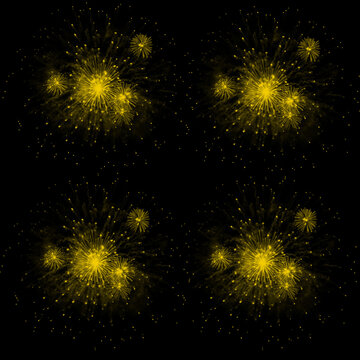Glittering Yellow Firework Quad Pack &ndash; Sparkling Starburst Light Effect on Dark Background