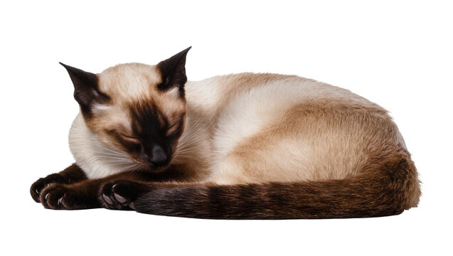 Siamese cat sleeping curled up, isolated on transparent background