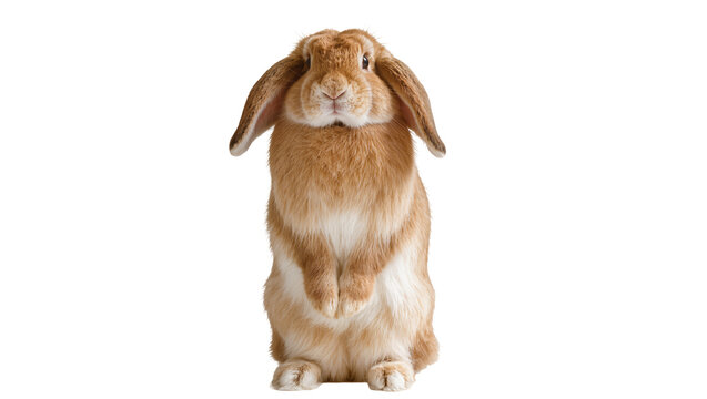 Fluffy brown lop-eared rabbit standing upright, isolated on transparent background