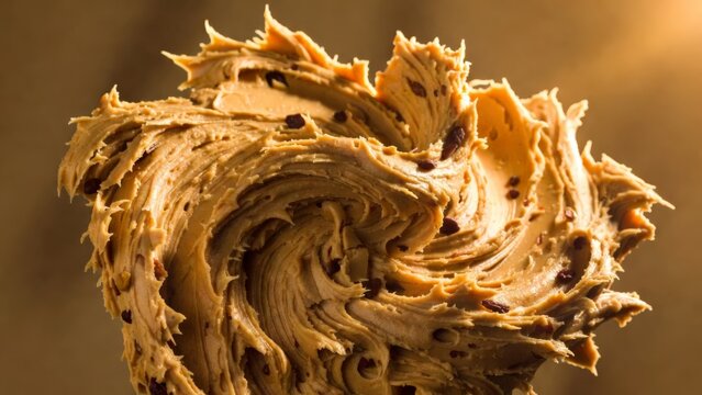 Close up of creamy textured peanut butter with swirled surface pattern.