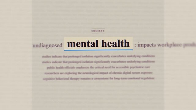 Mental health archival medical records text montage, retro psychiatry public health crisis stop motion