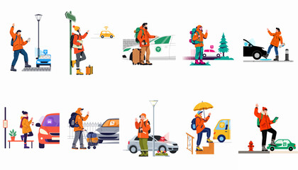 Fototapeta premium Flat illustration set of people using smart car-sharing and ride-hailing services for travel and commuting in urban and rural settings.