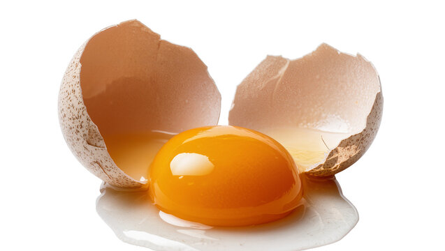 Broken brown egg with bright yellow yolk spilling out, isolated on transparent background