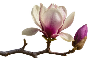 Delicate pink and white magnolia flower with unopened bud on branch, isolated on transparent background © Aliona
