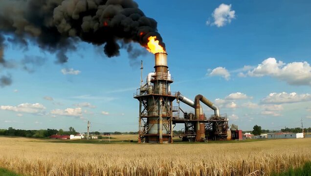 Thought provoking industrial 4K UHD shot tracking a petrochemical oil refinery distillation tower processing fuel and venting a bright gas flare and dark emission clouds filmed creatively through a