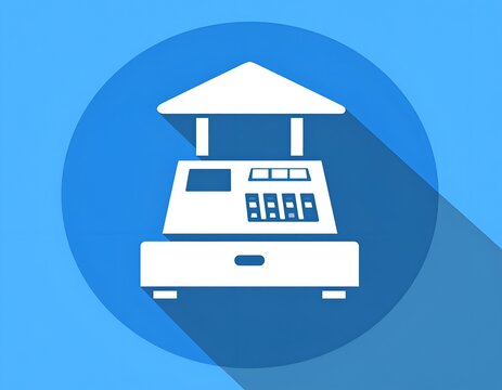 Flat vector icon of a classic cash register on a solid blue circle background