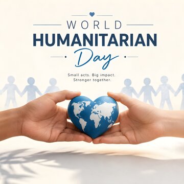 Hands cradling heart-shaped globe for world humanitarian day
