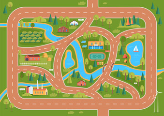 A maps and objects for children's game and illustration of a village 