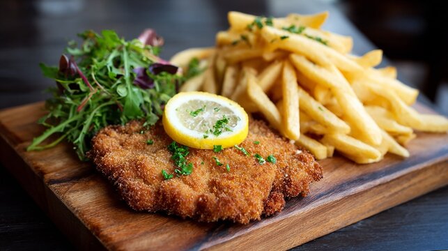Delicious breaded and fried cutlet with crispy fries and fresh greens