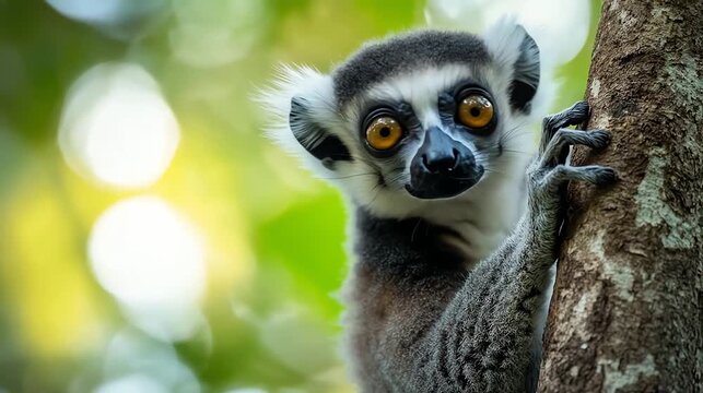 Ring tailed lemur clings to tree trunk with curious expression in natural habitat