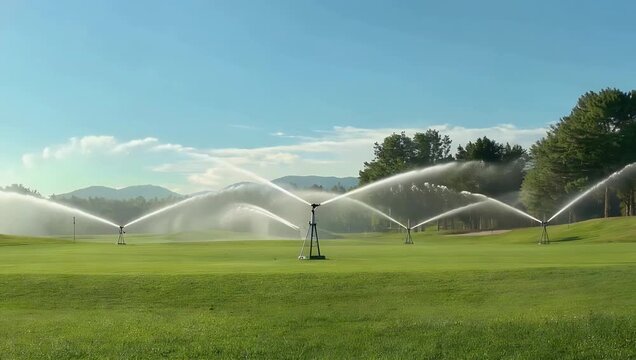 Bright daytime 4K landscape footage tracking an integrated automatic irrigation sprinkler system operating on a manicured country club golf course green with motorized rotating heads casting precise