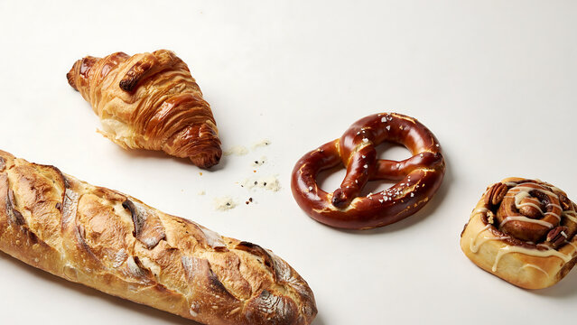 A selection of fresh bakery items including a baguette, croissant, pretzel, and cinnamon roll bun.