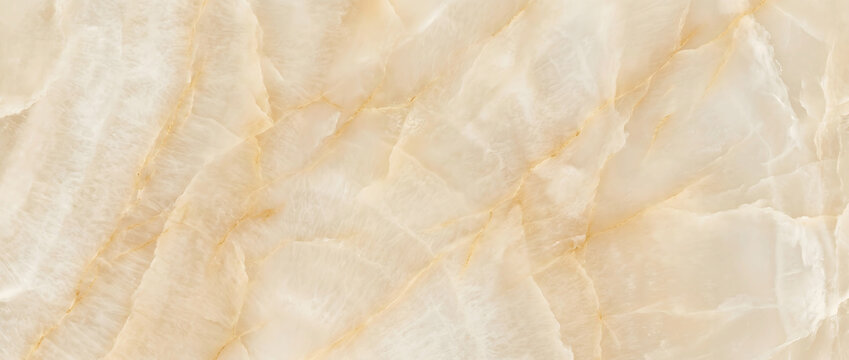 Marble texture featuring a spectacular blend of light beige onyx stone layers with delicate warm veins and golden fractures creates an elegant luxury backdrop for modern upscale branding designs