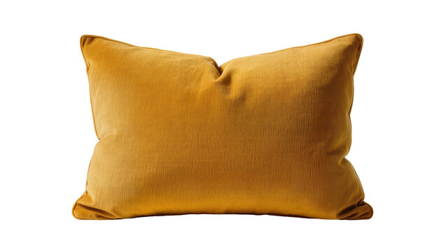 Plush golden yellow velvet lumbar pillow with textured fabric, isolated on transparent background