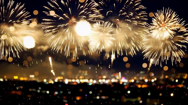 Golden fireworks exploding in night sky over city skyline. Celebration of New Year or holiday event with bright pyrotechnic sparks above glowing urban horizon.