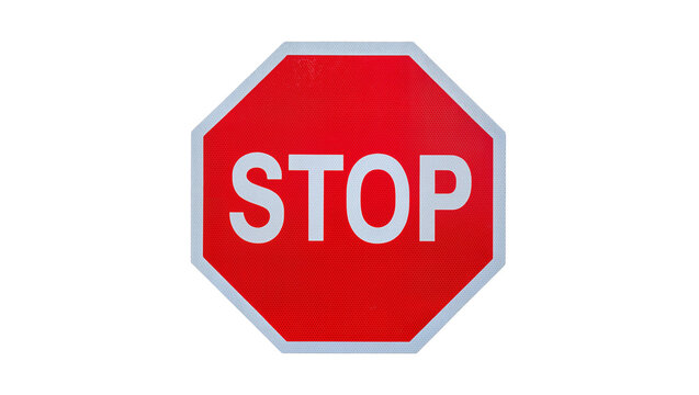 Red octagonal stop sign with white text, isolated on transparent background