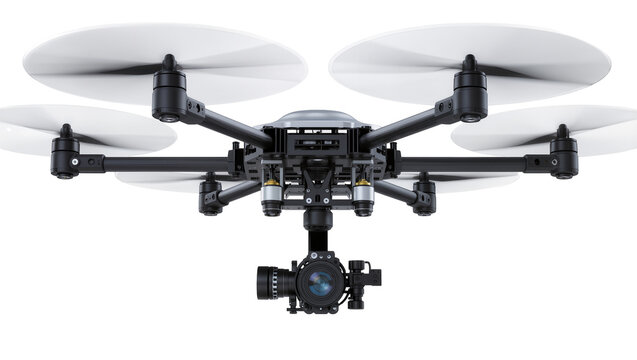 Professional hexacopter drone with camera gimbal, isolated on transparent background