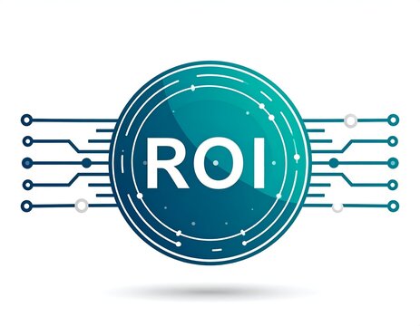 ROI Text Concept with Digital Circuit Board Patterns on a Teal Circular Icon