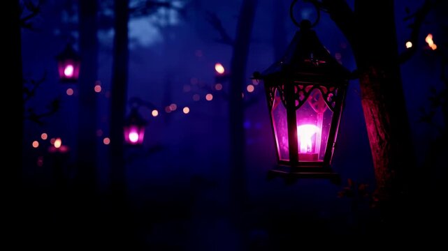 Decorative lantern with glowing flame hanging on tree in dark forest. Twilight landscape with mysterious purple illumination for magical woodland night concept.