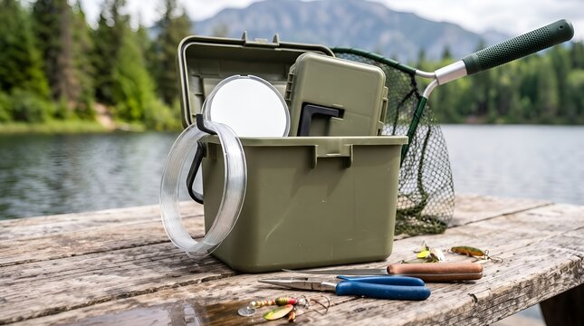 Green plastic fishing tackle box with gear, net, and accessories resting on a wooden dock beside a scenic lake