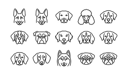 SEO Title: Dog Head Outline Icon Set Black and White Pet Breed Vector Collection © motiar