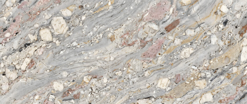 Granite gneiss texture featuring a swirling pattern of light silver-grey mineral ribbons, wavy veins, and white feldspar fragments creates a abstract backdrop for architectural designs