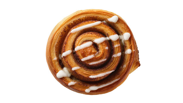 Golden brown cinnamon roll pastry with white icing drizzle, isolated on transparent background