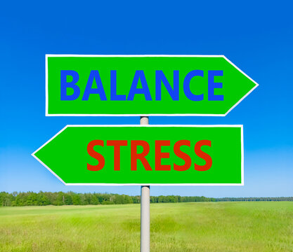 Balance instead stress words symbol. Concept words Balance Stress on beautiful green road sign. Beautiful blue sky background. Business medical psychology balance stress concept. Copy space.