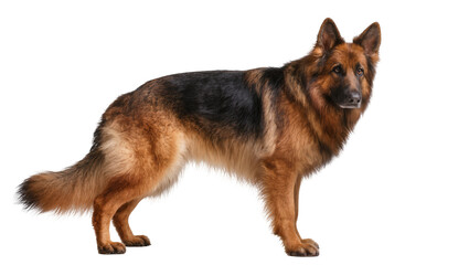 Fototapeta premium Majestic German Shepherd dog standing alert, isolated on transparent background