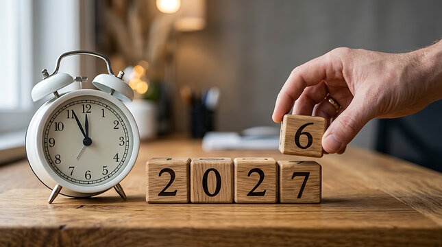 Person changing wooden blocks from 2026 to 2027 with clock