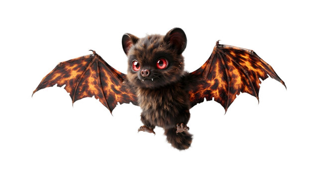 Fantasy baby bat with glowing fiery wings isolated on transparent background