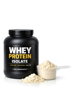 A scoop of whey protein isolate powder in a spoon next to a container.
