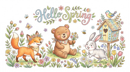 Naklejka premium Woodland animals in flower field with Hello Spring text.