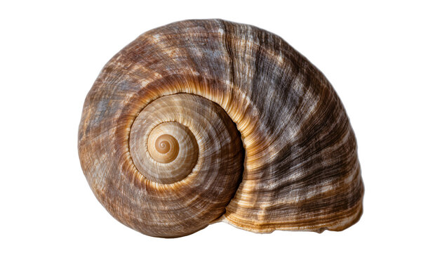 Brown spiral snail shell with textured ridges, isolated on transparent background