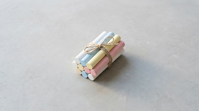 A neat bundle of 1 2 3 chalk sticks in various pastel colors tied together with rustic twine, isolated on a textured light grey concrete background surface.