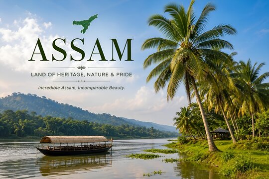 Scenic assam landscape showing traditional boat on river near tea bushes with tropical palm trees and heritage text landscape plantation vacation