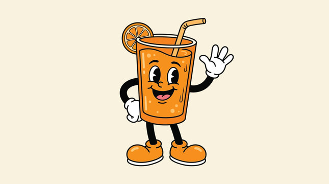 Cartoon Orange Juice Glass Character Waving.