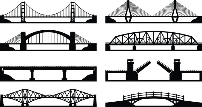 Set of various bridge silhouettes including suspension, arch, drawbridge, and truss architectural structures