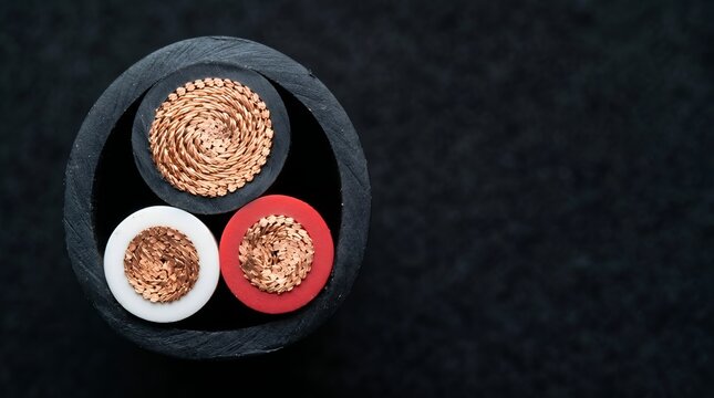 High angle studio shot of a three phase copper electrical power cable cross section showcasing exposed metallic wires on dark felt background