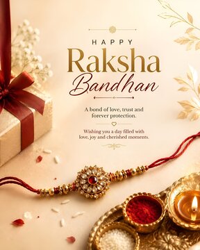 Happy raksha bandhan greeting card with traditional bracelet and gift box festival greeting tradition celebration bracelet jewellery religious