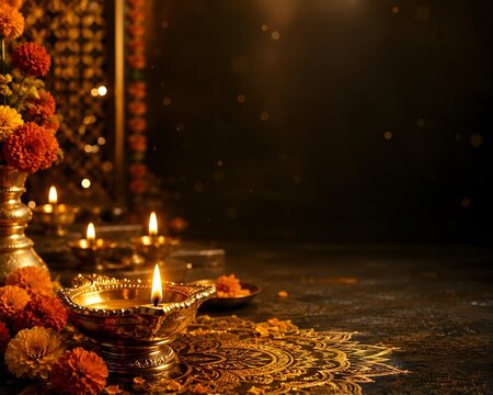Diwali festival background with lit oil lamps and marigold flowers festival deepavali celebration tradition marigold decorative background
