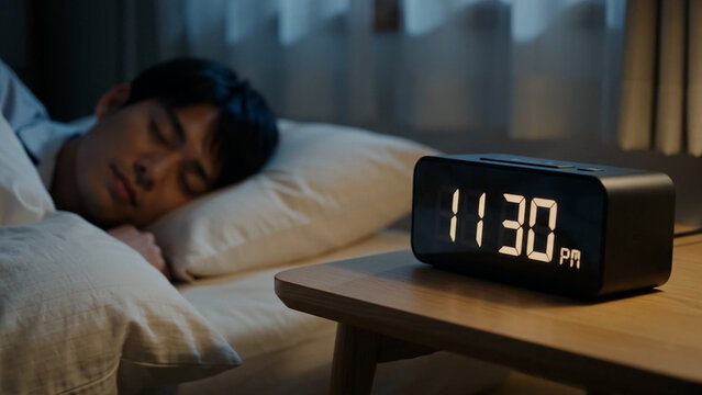 デジタル時計と眠る男性
