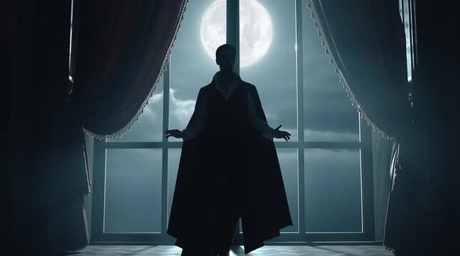 Mysterious Silhouette: A solitary figure stands silhouetted against a full moon, gazing out of a grand window draped with curtains, creating an atmosphere of mystery and contemplation.