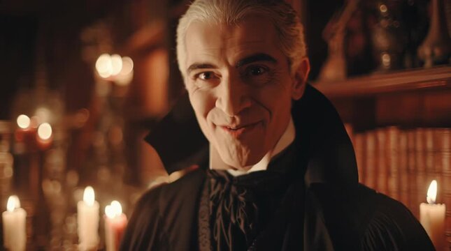 Mysterious Vampire in Candlelight: A mysterious man with aristocratic features and a devilish smirk, dressed in a classic vampire costume, stands amidst the flickering glow of numerous candles.