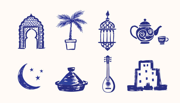 Set of hand drawn moroccan culture and travel icons
