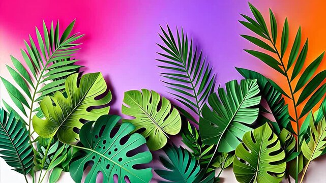Tropical leaves on colorful background