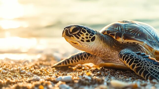Sea turtle on sandy beach illuminated by warm sunlight