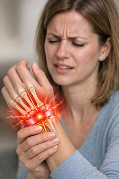 The image shows a woman with an injured wrist, possibly in pain or discomfort. She is examining the affected area closely.
