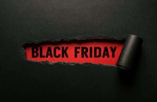 Black Friday Sale Text on Torn Black Paper and Red Background