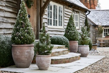 Fototapeta premium Cottage garden entrance with frosted boxwood hedges and pine cones, complemented by cream pine green and soft gold palette.